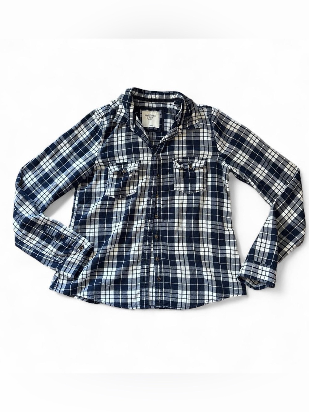 Vintage Abercrombie & Fitch Navy Blue White Plaid Flannel Shirt